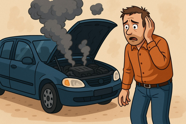 Illustration von einem kaputten Auto und einem Mann mit Geldsorgen