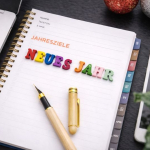 Notizbuch mit Jahreszielen für das neue Jahr auf einem Schreibtisch.