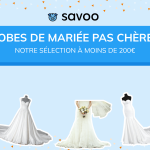 Différentes robes de mariée sur un fond bleu avec titre de l'article