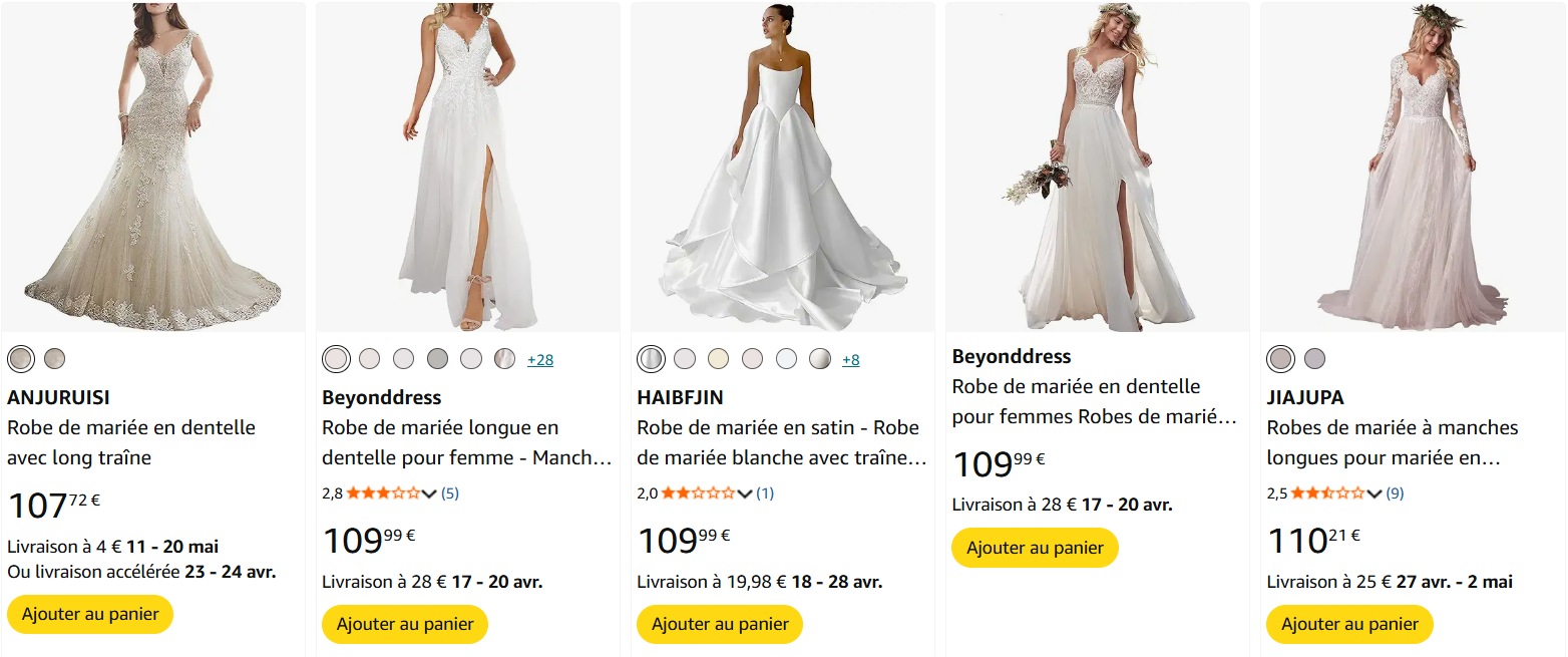 S&eacute;lection de robes de mari&eacute;es Amazon &agrave; moins de 200&euro;
