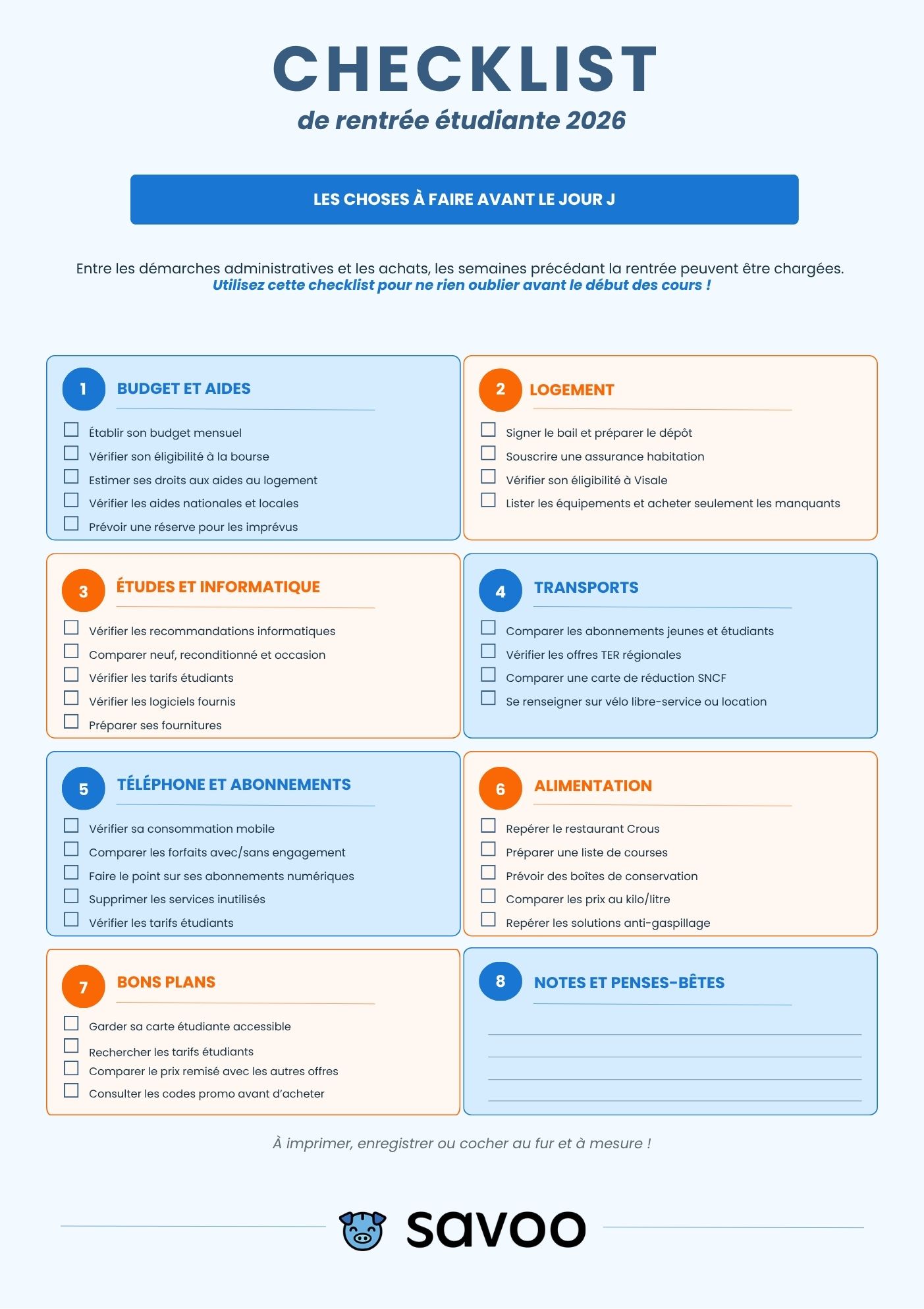 Checklist de rentrée étudiante avec cases à cocher