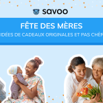 Scènes de fête des mères sur fond bleu avec titre de l'article