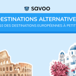 Dessins de monuments européens connus sur fond bleu avec titre de l'article