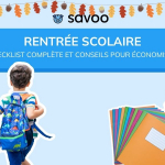 Images d'écoles et de fournitures scolaires sur un fond bleu avec titre de l'article