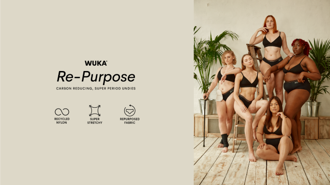 Women wearing Wuka period pants. Text reads: WUKA Re-Purpose